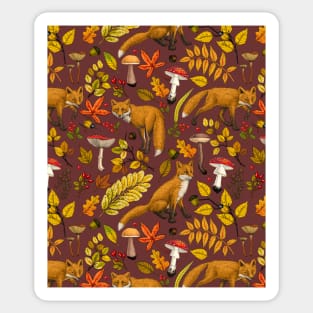 Autumn foxes on chocolate brown Sticker